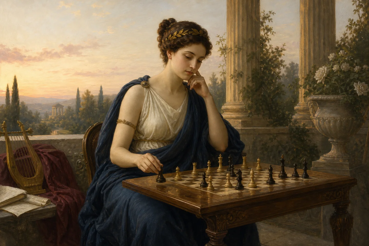 Classical artistic representation of Caissa beside a chessboard