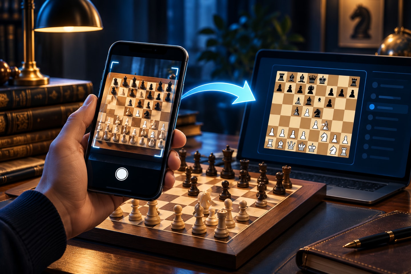 CAISSA Scanner public beta showing an editable recognized chess position and Stockfish analysis controls