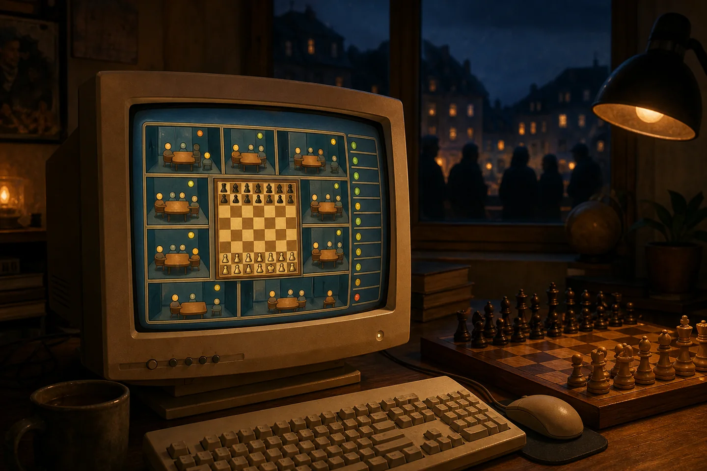 Retro computer displaying a social online chess room inspired by early internet communities