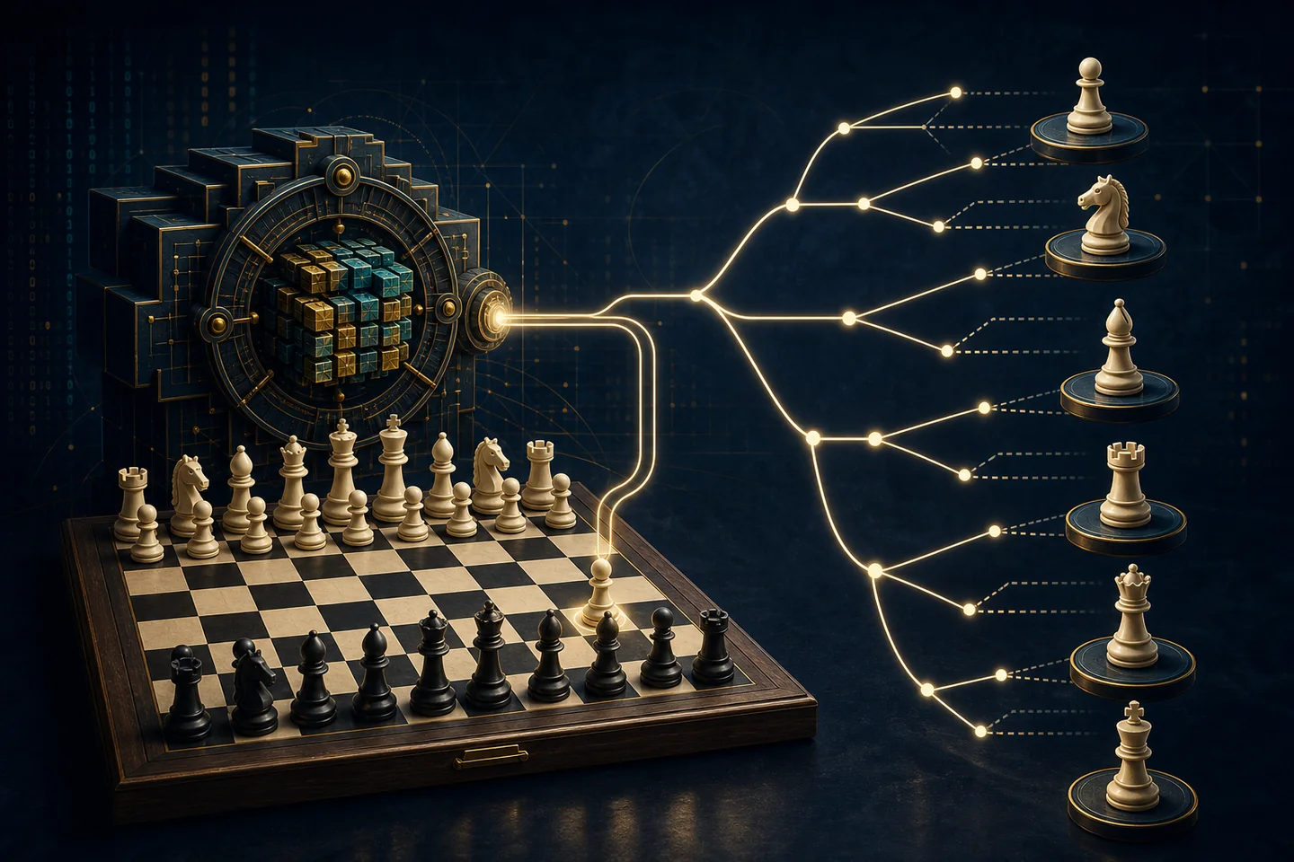 Chess engine consulting a branching Polyglot opening book beside a chessboard